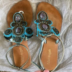 Fullah Sugah leather sandals beaded w/ rhinestones #37 bought in Greece. TLC.